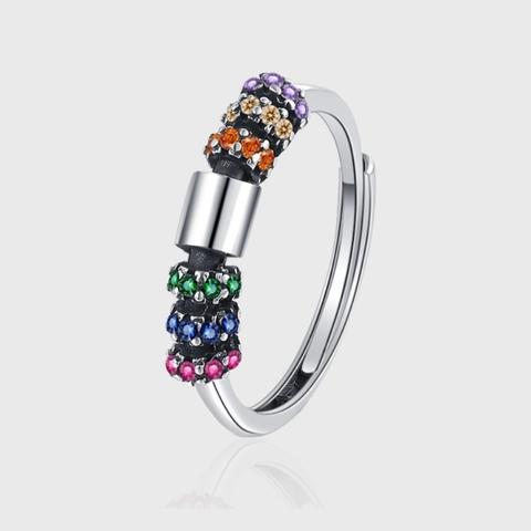 925 Sterling Silver Vintage Ethnic Style Colorful Zirconia Open Ring Irregular Inlaid Decompression Rotating Finger Band Jewelry For Women