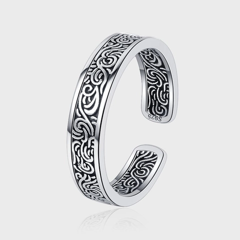 Vintage S925 Sterlingsilber Schmuckset Für Damen Antiquiertes Muster Offener Ring Creolen Armreif Chinesischer Stil Schmuck