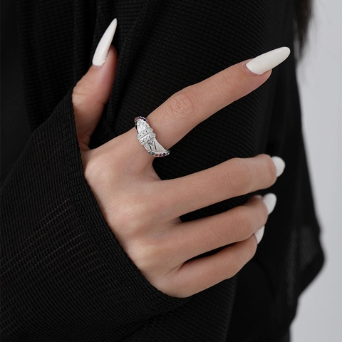 925 Sterling Silver Multi-layer Cross Rainbow Ring For Women Quilted Design Rhinestone Inlaid Minimalist Fashion Jewelry Finger Ring