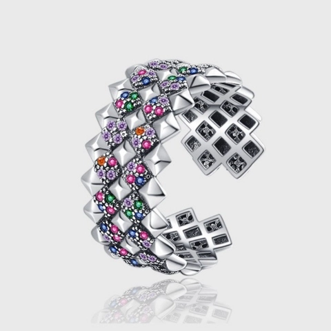 Vintage 925 Sterling Silver Wide Band Ring For Women Colorful Rhinestone Inlaid Geometric Diamond Grid Adjustable Open Ring