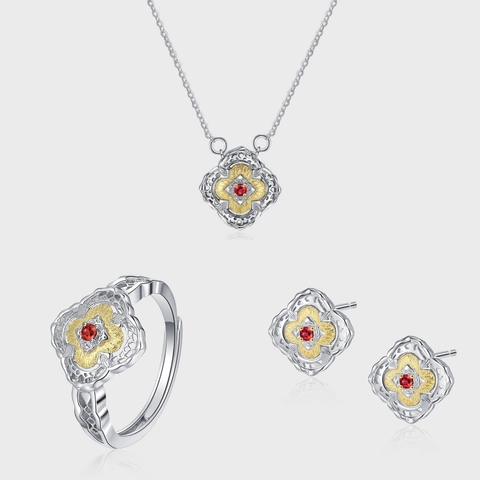 Collier Pendentif en Argent Sterling 925 Zirconia Rouge Pétale Floral Bicolore Bague Réglable Boucles d'Oreilles Bijoux Femme
