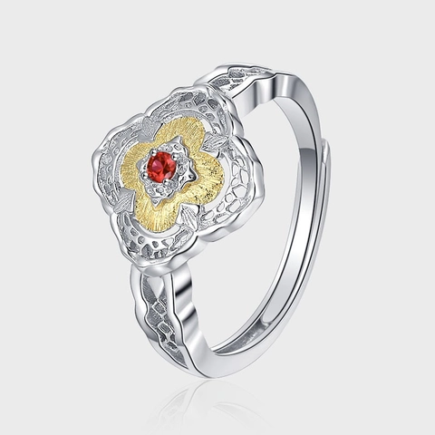 Collier Pendentif en Argent Sterling 925 Zirconia Rouge Pétale Floral Bicolore Bague Réglable Boucles d'Oreilles Bijoux Femme