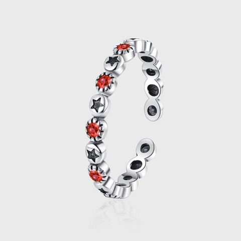 Retro S925 Sterling Zilveren Open Ring Voor Vrouwen Vintage Rode Zirconia Sterrenpatroon Verstelbare Mode Vingerring Sieraden