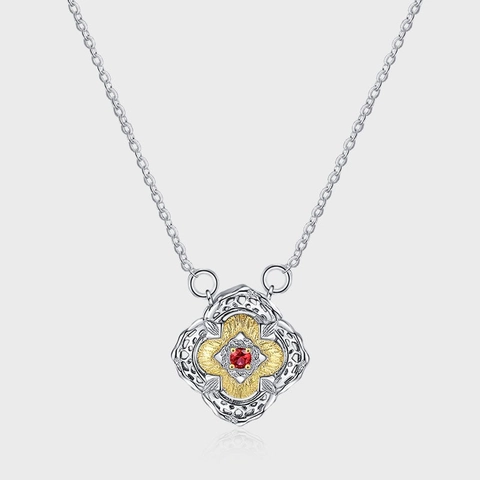 Elegant 925 Sterling Silver Bi-color Flower Clover Pendant Necklace With Red Rhinestone For Women Vintage Fashion Jewelry