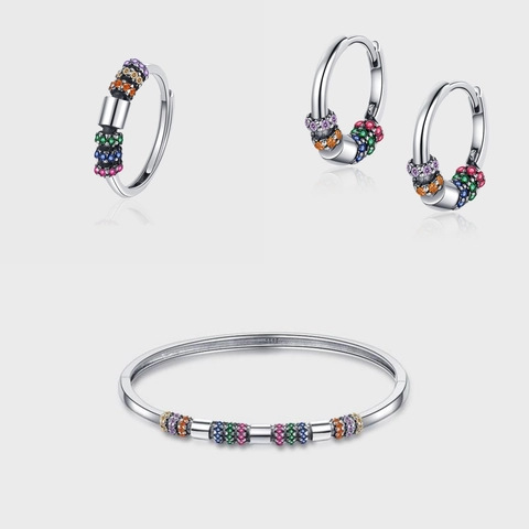 Vintage 925 Sterlingsilber Schmuckset Für Damen Ethnischen Stil Mehrfarbig Strass Eingelegt Antiquiert Ring Ohrringe Armreif