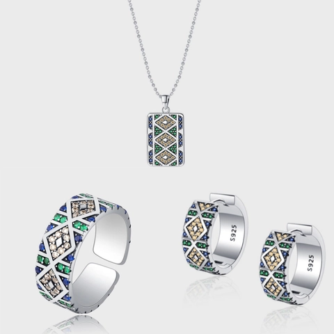 S925 Sterlingsilber Engelsauge Bunter Strass Schmuck Geometrischer Ausschnitt Ring Ohrringe Halskette Armband Für Damen
