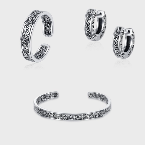 Vintage S925 Sterlingsilber Schmuckset Für Damen Antiquiertes Muster Offener Ring Creolen Armreif Chinesischer Stil Schmuck