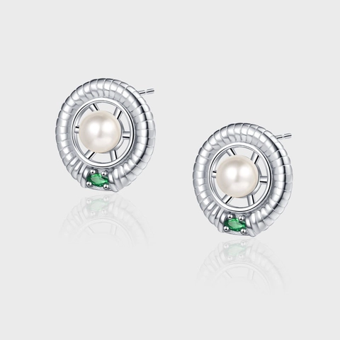 925 Sterling Zilver Geometrisch Roer Oorknopjes Met Kunstparel En Groene Strass Vintage Commuter Sieraden Voor Dames