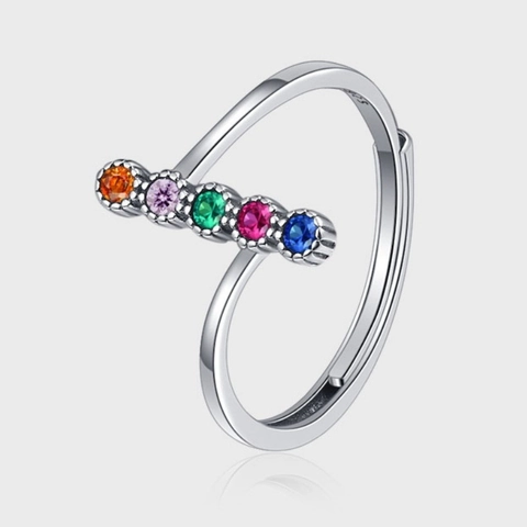 925 Sterling Silver Colorful Rhinestone Row Open Ring Minimalist Adjustable Multi Color Stone Finger Ring For Women Jewelry Gift