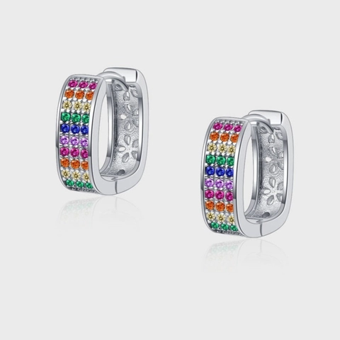 925 Sterling Silver Rainbow Hoop Earrings For Women Retro Hollow Flower Design Multi Color Zirconia Pavé Huggie Jewelry