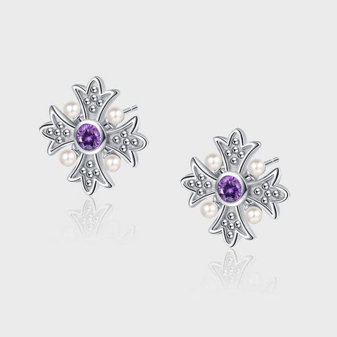 Orecchini a Bottone in Argento Sterling 925 a Forma di Fiore di Croce Stile Corte Vintage Zirconia Viola Perla Artificiale Gioielli