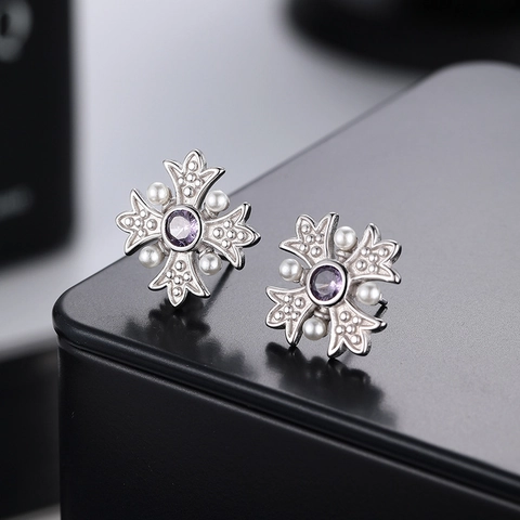 Orecchini a Bottone in Argento Sterling 925 a Forma di Fiore di Croce Stile Corte Vintage Zirconia Viola Perla Artificiale Gioielli