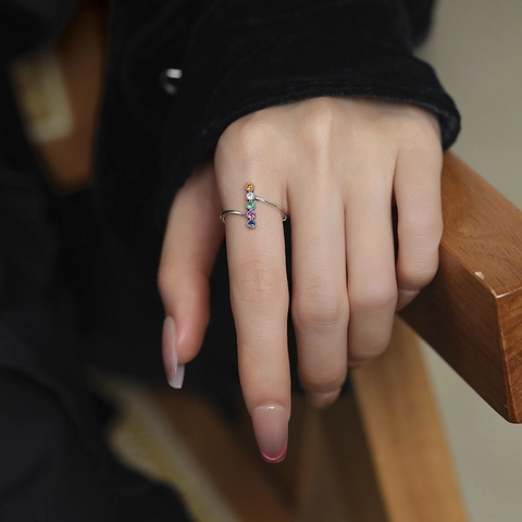 925 Sterling Silver Colorful Rhinestone Row Open Ring Minimalist Adjustable Multi Color Stone Finger Ring For Women Jewelry Gift