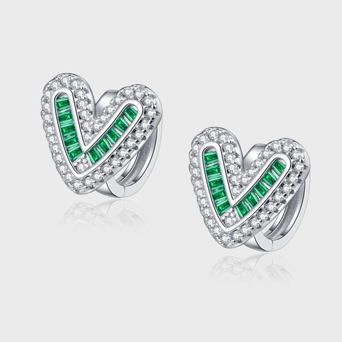 Pendientes Huggie Corazón de Plata de Ley 925 con Circonita Esmeralda Diseño en V de Lujo Hebilla de Oreja de Esmeralda para Joyería de Mujer