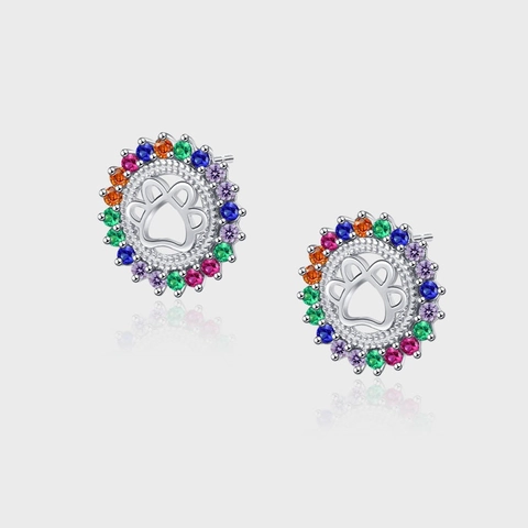 Orecchini a Bottone in Argento Sterling 925 con Impronta di Zampa e Strass Arcobaleno Moda Donna Gioielli Regalo