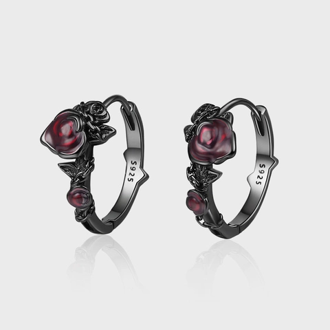 Orecchini a Cerchio in Argento Sterling 925 Gotici Rosa Rossa Nero Galvanizzato Rilievo Fiore Vintage Gioielli da Donna
