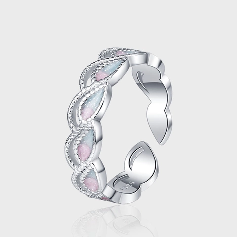 925 Sterling Zilver Verstelbare Open Ring Gradiënt Roze Blauw Emaille Pauwblad Elegante Zoete Sieraden Ring Voor Vrouwen
