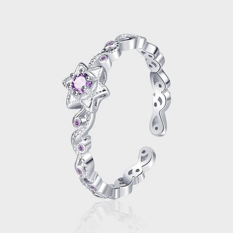 925 Sterling Silver Purple Star Open Ring For Women Adjustable Irregular Twisted Design Rhinestone Fashion Jewelry Gift