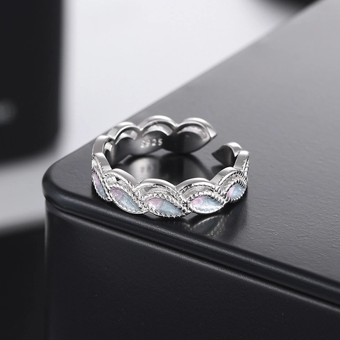 925 Sterling Zilver Verstelbare Open Ring Gradiënt Roze Blauw Emaille Pauwblad Elegante Zoete Sieraden Ring Voor Vrouwen