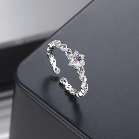925 Sterling Silver Purple Star Open Ring For Women Adjustable Irregular Twisted Design Rhinestone Fashion Jewelry Gift