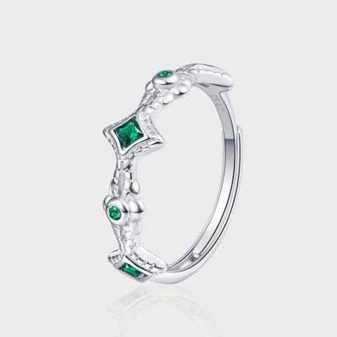 Anello Aperto in Argento Sterling 925 Vintage Zirconia Verde Smeraldo Motivo a Vite Retrò Intaglio Gioielli Regolabili da Donna