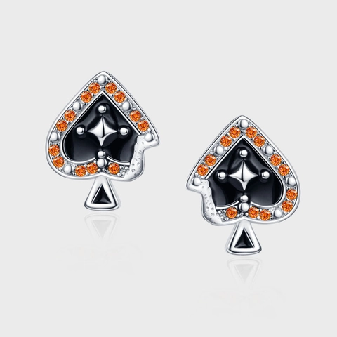 Orecchini a Bottone in Argento Sterling 925 Asso di Picche Strass Smalto Vintage Rilievo Poker Gioielli Moda Donna