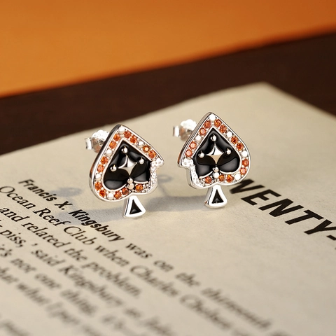Orecchini a Bottone in Argento Sterling 925 Asso di Picche Strass Smalto Vintage Rilievo Poker Gioielli Moda Donna