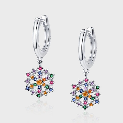 Orecchini a Cerchio in Argento Sterling 925 Con Fiocco di Neve in Zirconia Arcobaleno per Donna Gioielli 3D Intagliati