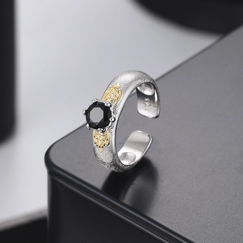 S925 Sterling Silver Vintage Brushed Ring Two-Tone Gold Silver Filigree Craft Black Rhinestone Open Adjustable Ring Jewelry