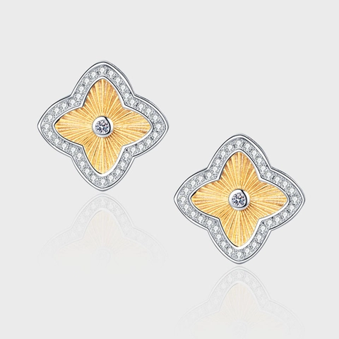 Boucles d'Oreilles Clous Trèfle Bicolore Style Palais Vintage Français Avec Tige en Argent Sterling 925 Bijoux en Alliage Strass