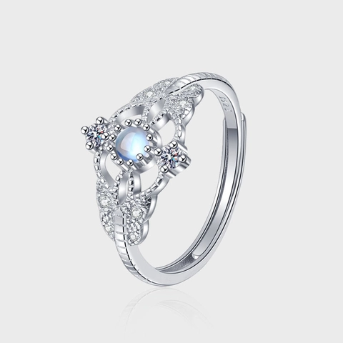 S925 Sterling Silver Moonstone Flower Ring Vintage Hollow Lace Adjustable Open Ring For Women Micro Pave Zirconia Jewelry