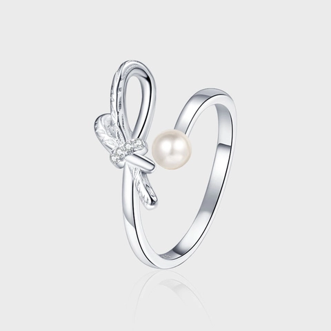 Anillo Abierto Ajustable de Lazo de Plata de Ley 925 para Mujer Elegante Perla Artificial con Diamantes de Imitación Joyería de Moda