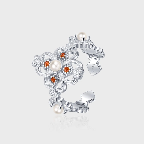Anillo de Trébol de Plata de Ley 925 Vintage para Mujer Corazón Hueco Strass Perla Artificial Estilo Palacio Anillo Ajustable