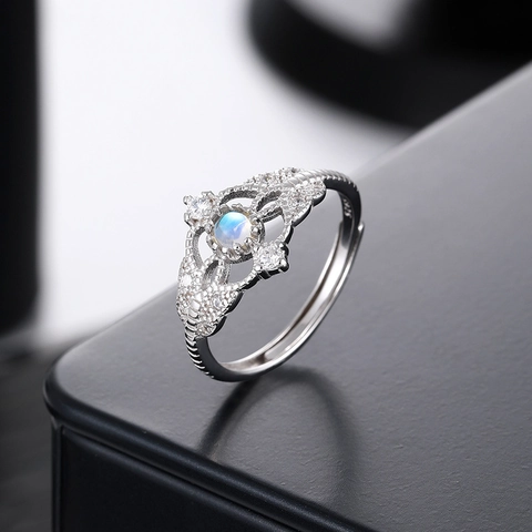 S925 Sterling Silver Moonstone Flower Ring Vintage Hollow Lace Adjustable Open Ring For Women Micro Pave Zirconia Jewelry