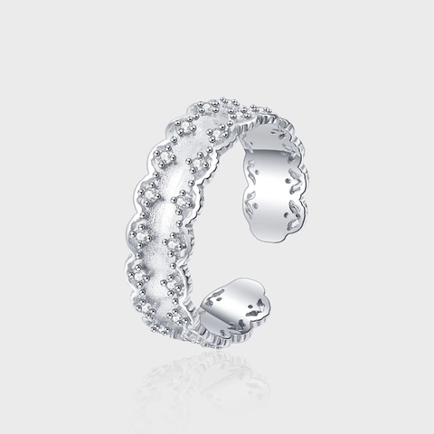 French Vintage 925 Sterling Silver Wavy Lace Border Open Ring For Women Brushed Inlaid Rhinestone Adjustable Finger Ring Jewelry