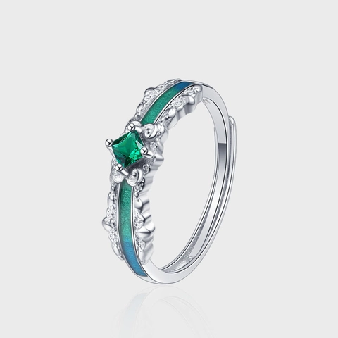 Anillo Abierto Vintage de Plata de Ley 925 Esmalte Degradado para Mujer Estrás Verde Geométrico Ajustable Joyería