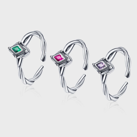 Vintage 925 Sterling Silver Twist Open Ring Geometric Rhombus Inlaid Zirconia Adjustable Fashion Finger Ring For Women Retro Jewelry