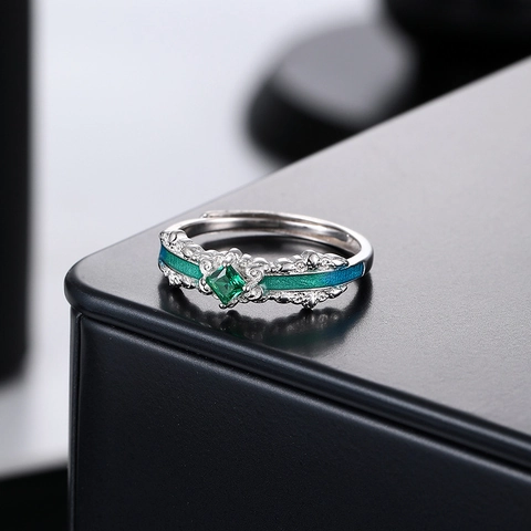 Anillo Abierto Vintage de Plata de Ley 925 Esmalte Degradado para Mujer Estrás Verde Geométrico Ajustable Joyería