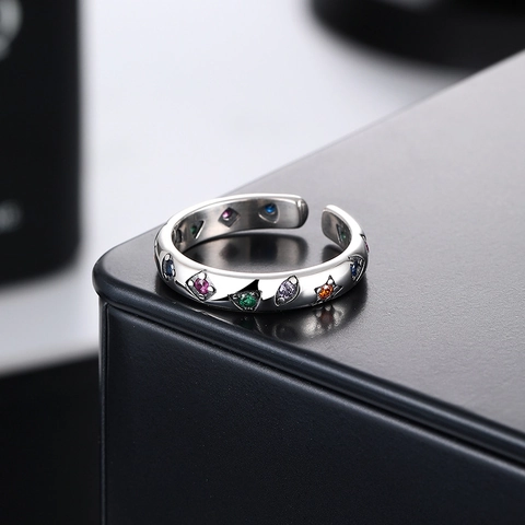 925 Sterling Zilver Verstelbare Open Ring Voor Vrouwen Kleurrijke Zirconia Geometrisch Vintage Mode Sieraden Ring