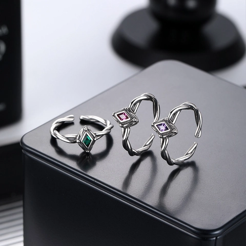 Vintage 925 Sterling Silver Twist Open Ring Geometric Rhombus Inlaid Zirconia Adjustable Fashion Finger Ring For Women Retro Jewelry