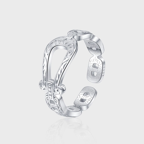 S925 Sterling Silver Vintage Carved Hollow Horseshoe Buckle Ring For Women Ethnic Palace Style Tang Grass Pattern Open Ring