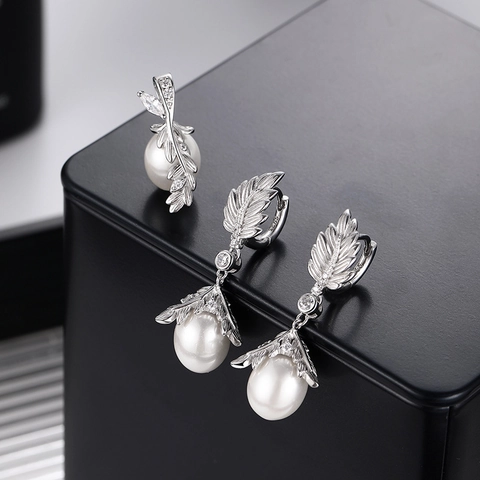 925 Sterling Silver Artificial Pearl Vine Leaf Earrings And Pendant Elegant French Vintage Rhinestone Jewelry For Women