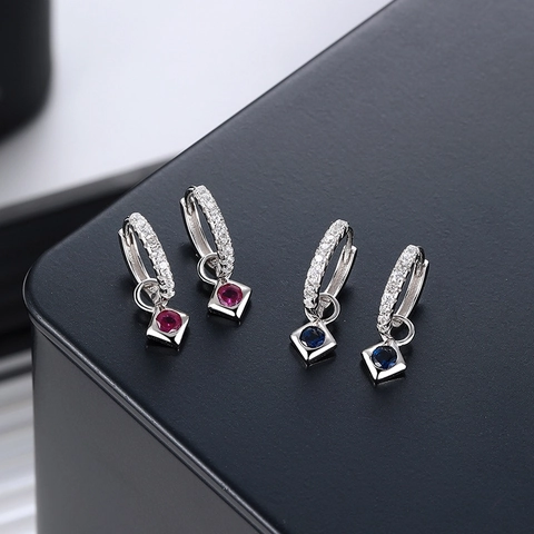 Orecchini a Cerchio in Argento Sterling 925 per Donna Pendente Quadrato Geometrico Strass Rosso Blu Gioielli di Moda