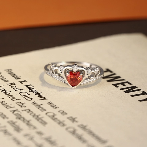 S925 Sterling Silver Crown Heart Ring For Women Red Rhinestone Inlaid Elegant Adjustable Open Finger Ring Fashion Jewelry
