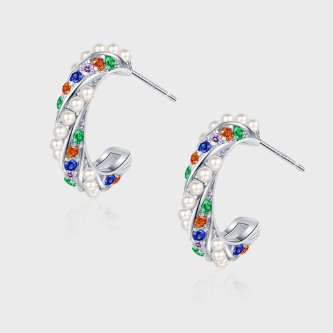 S925 Argento Sterling Vintage Francese Orecchini a Cerchio a C Intrecciata Con Perla Artificiale e Strass Colorati per Donna Gioielli