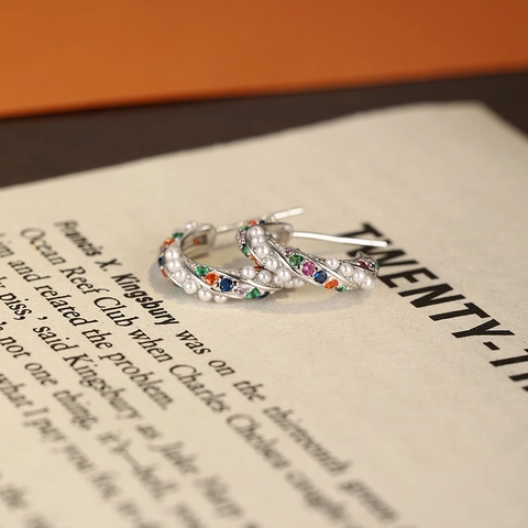 S925 Argento Sterling Vintage Francese Orecchini a Cerchio a C Intrecciata Con Perla Artificiale e Strass Colorati per Donna Gioielli