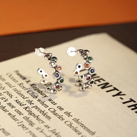 925 Sterlingsilber Regenbogen C-Förmige Ohrstecker Für Damen Bunte Strass Dopamin Mode Geometrische Offene Ohrringe