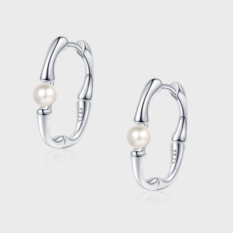 Orecchini a Cerchio in Argento Sterling 925 a Forma di Bambù Con Perla Artificiale per Donna Gioielli Minimalisti Eleganti