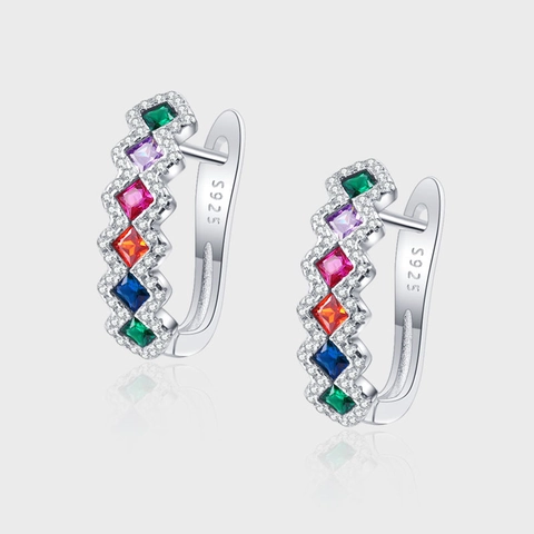 925 Sterling Silver Colorful Square Zirconia Huggie Earrings For Women Pave Rhinestone Geometric Fashion Jewelry Gift