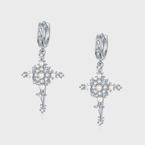 Vintage Court Style 925 Sterling Silver Cross Drop Earrings For Women Artificial Pearl Rhinestone Heavy Craft Gothic Jewelry